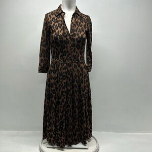 Samantha Sung Shirt Dress Button Down Animal Print Wool Silk Brown Black Size 0